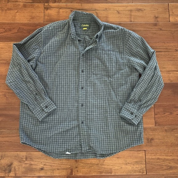CABELA'S Long Sleeve Grey Windowpane flannel shirt Button Up White Blue XL - Picture 1 of 9